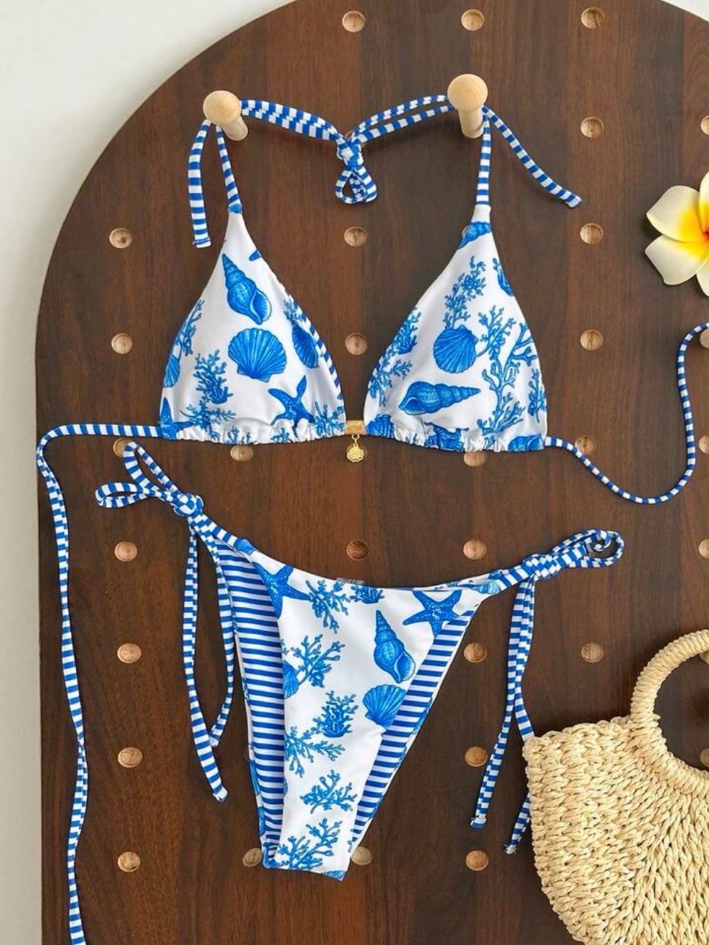 Blue & White Seashell Print String Bikini